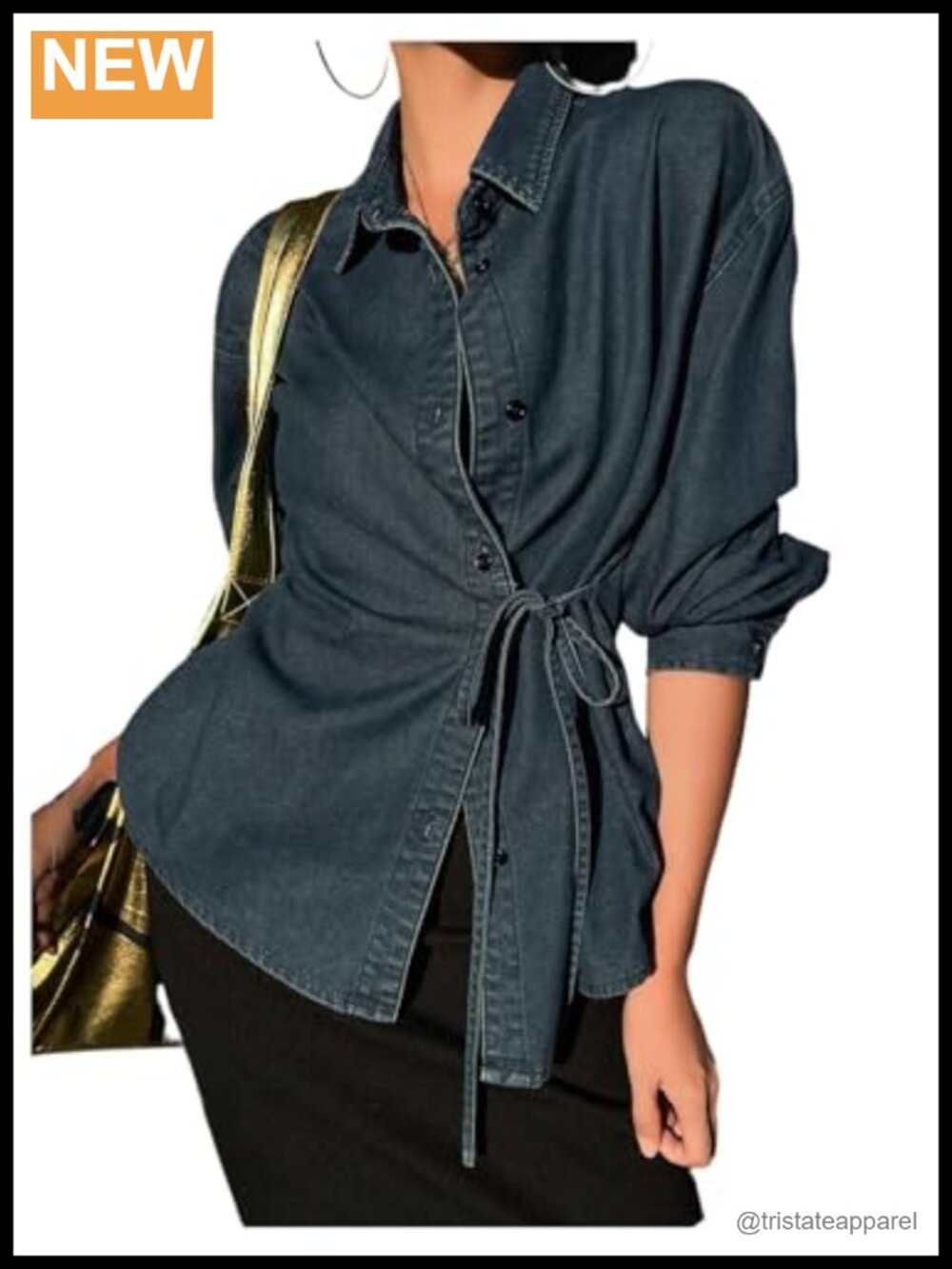 Women's Button Down Denim Shirt Long Sleeve Wrap Tie Side Jean Top